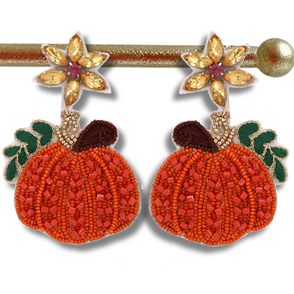 Feeling Fall Pumpkin Autumn Season Glass Beaded Artisan Made Drop Earrings
